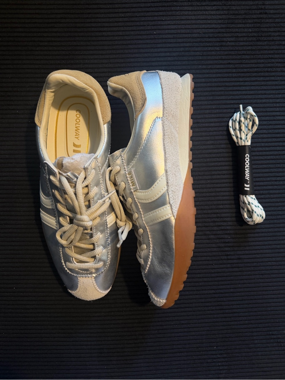 Coolway Silver and Cream Retro Runner Sneakers with Tan Gum Sole